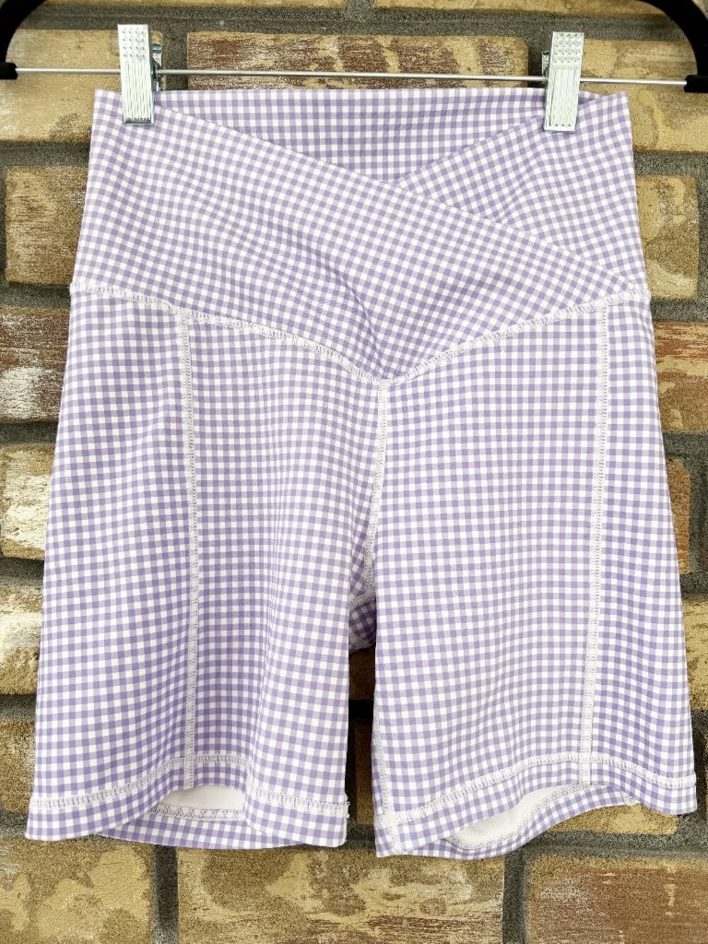 ☀️ Wilo The Label Lavender Gingham Crossover V Waist Bike Shorts Purple Small